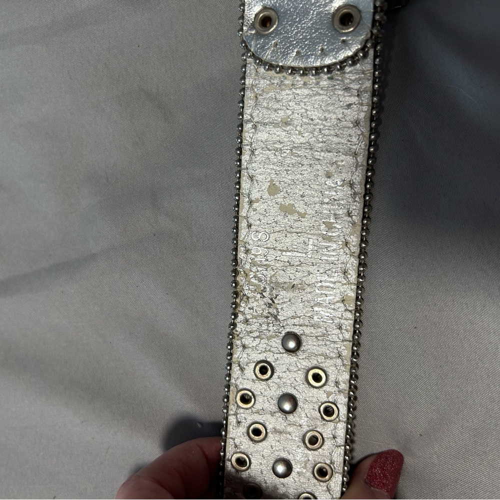 Silver Fleur De Lis Studded Bejeweled Faux Leather Statement Belt Size Large - Picture 9 of 12